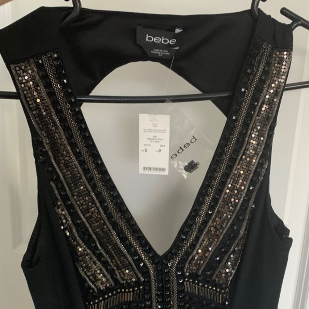 BEBE FRINGE CHAIN SILVER BLACK DRESS NWT - Picture 6 of 9